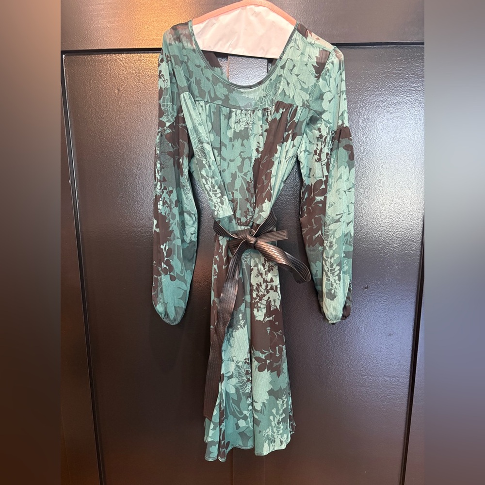 Calvin Klein  Floral Green and Brown Long Sleeve Dress